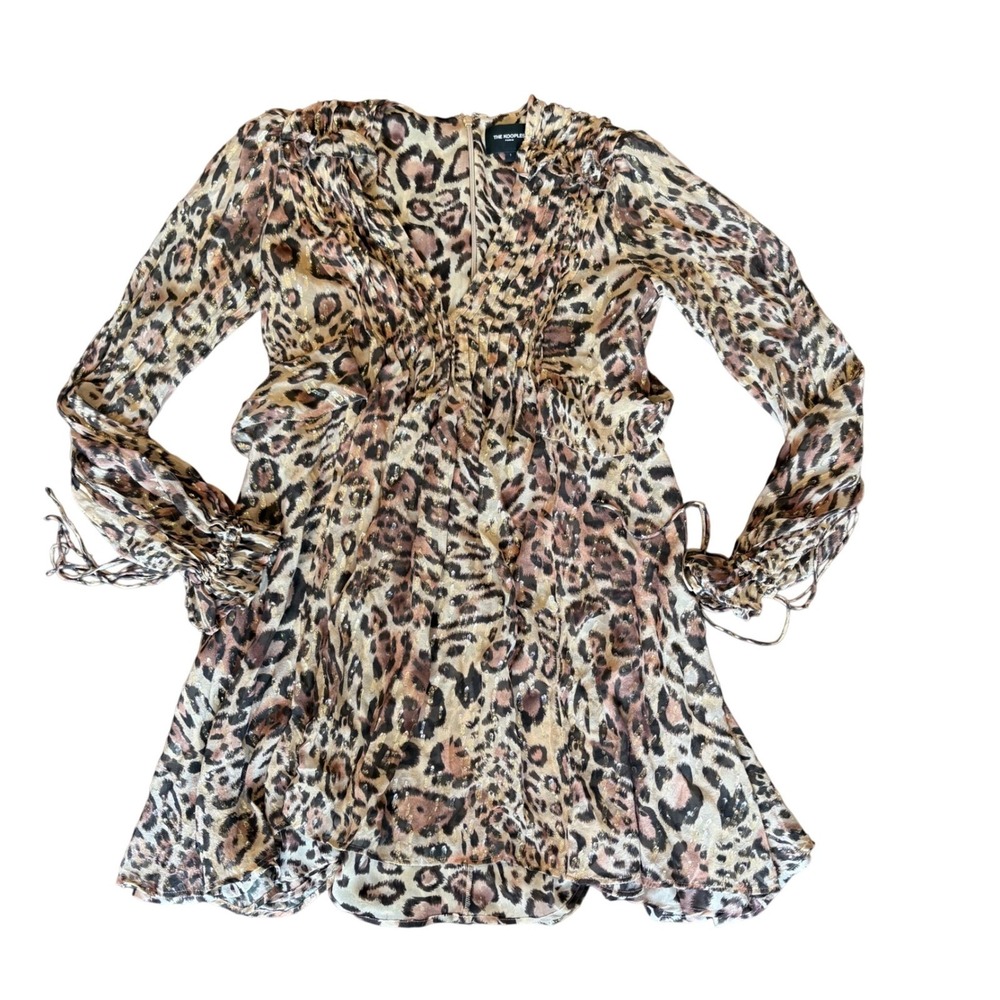 The Kooples Silk Leopard Print Mini Dress Indie Sleaze Metallic Lurex V-Neck XS